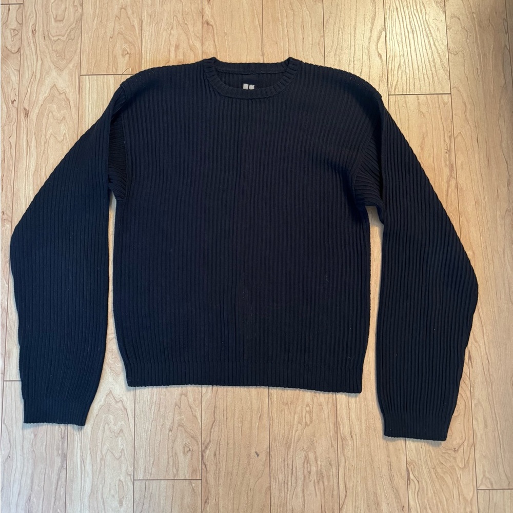 Rick Owens Black Ribbed Cropped Fisherman Crewneck Sweater A/W22 -Size Medium